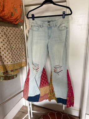 Rewash Light Wash Flare Jeans with Pink & Multicolor Patchwork
